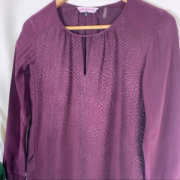 Rebecca Taylor Long Sleeve Burgundy Textured Silk Top - Size 4 - Picture 6 of 11